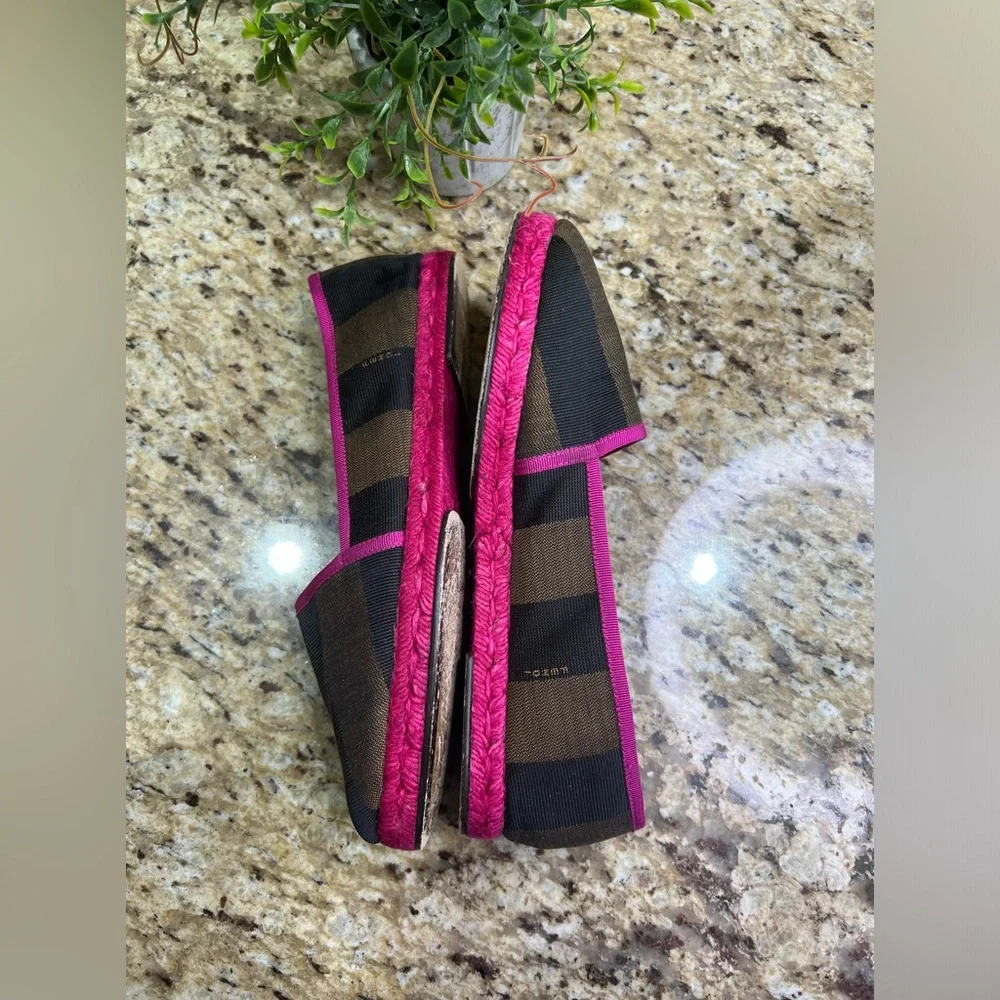 Fendi Pequin Striped Canvas Espadrille Flat, Pink Black Brown 39